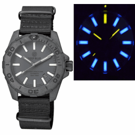 DAYNIGHT STEALTH OPS CARBON CASE GREY DIAL BLUE YELLOW TRITIUM TUBES AUTOMATIC WATCH SCREW DOWN CROWN