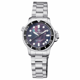LADIES LIZZY BLUE  DIVER CERAMIC BLACK/WHITE BEZEL  BLACK MOTHER OF PEARL DIAL