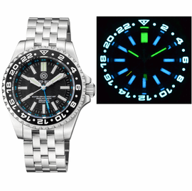 MASTER 2000 GMT  DAYNIGHT T-100 TRITIUM AUTOMATIC DIVER-  ETA 2893-2  SWISS MADE MOVEMENT  BLACK BEZEL BLACK DIAL BLUE GMT HAND