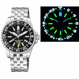 MASTER 2000 GMT  DAYNIGHT T-100 TRITIUM AUTOMATIC DIVER-  ETA 2893-2  SWISS MADE MOVEMENT  BLACK BEZEL BLACK DIAL YELLOW GMT HAND GREEN TUBES 