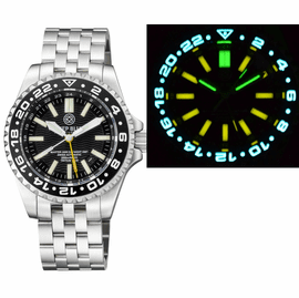 MASTER 2000 GMT  DAYNIGHT T-100 TRITIUM AUTOMATIC DIVER-  ETA 2893-2  SWISS MADE MOVEMENT  BLACK BEZEL BLACK DIAL YELLOW GMT HAND YELLOW TUBES 