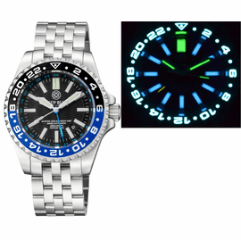 MASTER 2000 GMT  DAYNIGHT T-100 TRITIUM AUTOMATIC DIVER-  ETA 2893-2  SWISS MADE MOVEMENT  BLACK/BLUE  BEZEL BLACK DIAL BLUE GMT HAND