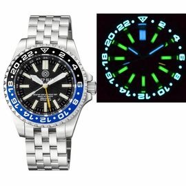  MASTER 2000 GMT  DAYNIGHT T-100 TRITIUM AUTOMATIC DIVER-  ETA 2893-2  SWISS MADE MOVEMENT  BLACK/BLUE  BEZEL BLACK DIAL YELLOW GMT HAND GREEN TUBES