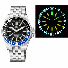  MASTER 2000 GMT  DAYNIGHT T-100 TRITIUM AUTOMATIC DIVER-  ETA 2893-2  SWISS MADE MOVEMENT  BLACK/BLUE  BEZEL BLACK DIAL YELLOW GMT HAND YELLOW TUBES