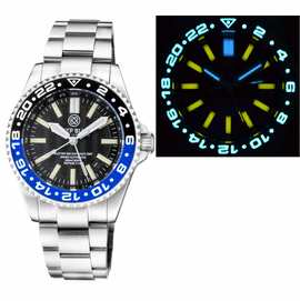 MASTER 500 42MM DAYNIGHT T-100 TRITIUM  GMT AUTOMATIC DIVER-  ETA 2893-2  SWISS MADE MOVEMENT BLACK/BLUE BEZEL  WHITE GMT HAND