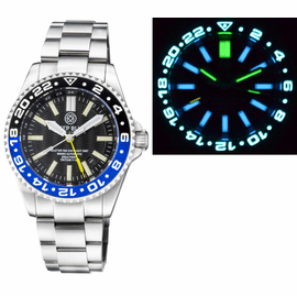 MASTER 500 42MM DAYNIGHT T-100 TRITIUM  GMT AUTOMATIC DIVER-  ETA 2893-2  SWISS MADE MOVEMENT BLACK/BLUE BEZEL  YELLOW GMT HAND