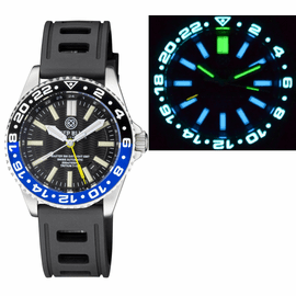 MASTER 500 42MM DAYNIGHT T-100 TRITIUM GMT AUTOMATIC DIVER- ETA 2893-2 SWISS MADE MOVEMENT BLACK/BLUE BEZEL  YELLOW GMT HAND STRAP