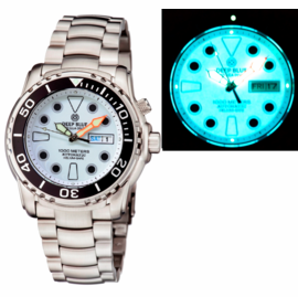 PRO SEA DIVER 1000M BRACELET CERAMIC BLACK BEZEL - WHITE FULL LUME  DIAL ORANGE MINUTE HAND BRACELET - GLOWS BLUE