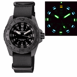 <BR>DAYNIGHT 43MM DIVER SOLAR POWERED PC  TRITIUM WATCH- STEALTH BEZEL - WHITE NUMBERS WHITE HANDS  3 COLOR TRITIUM TUBES  STRAP