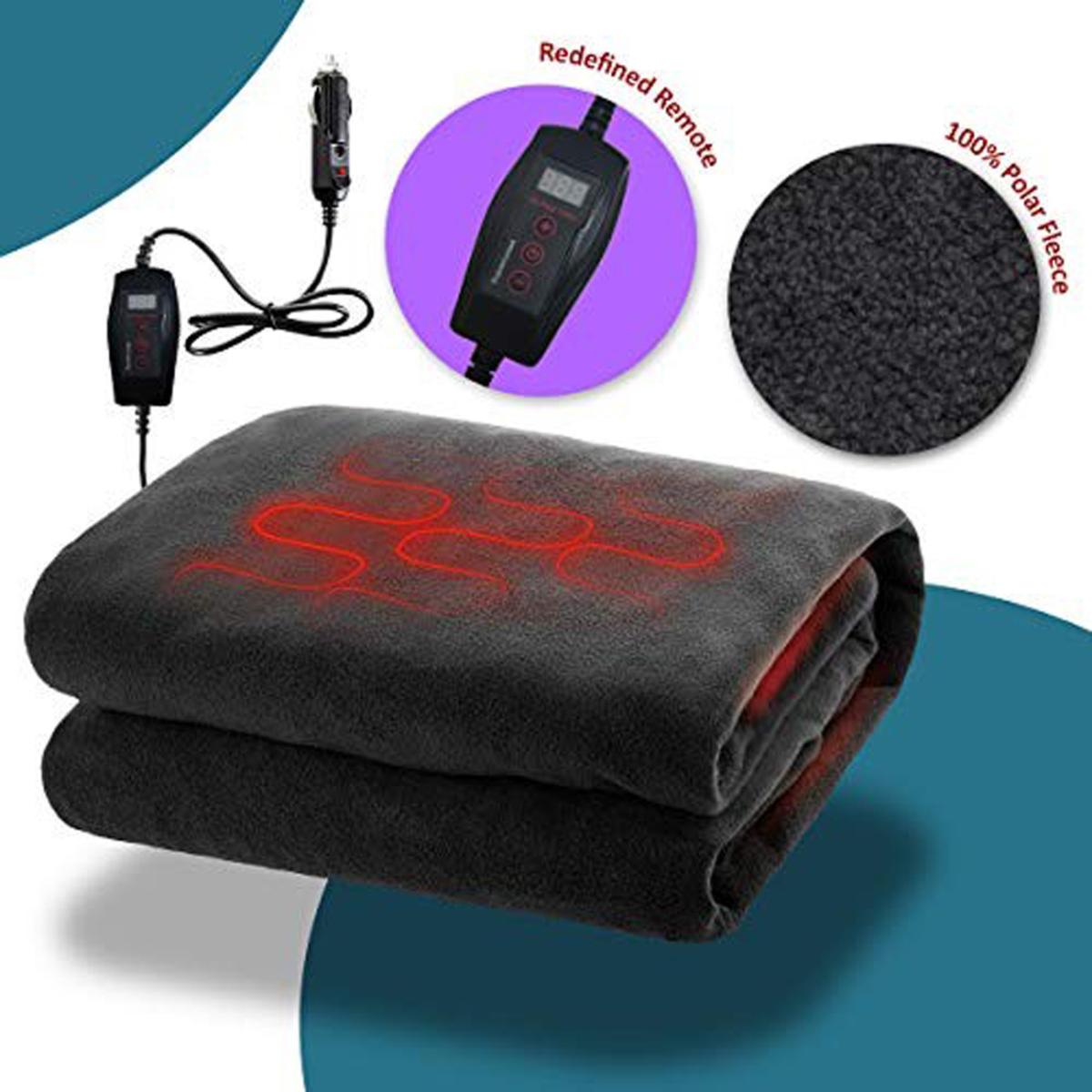 Zone Tech 12V Fireproof Car Heated Travel Blanket Classic Black The