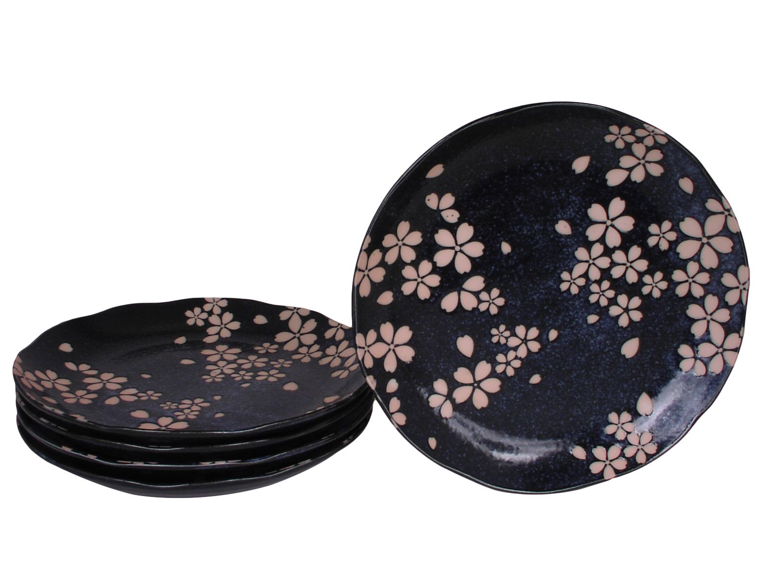 10 Inch Blue and Pink Sakura Japanese Ceramic Dinner Plate Set of Five