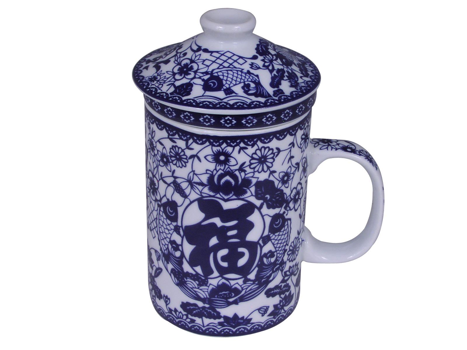 Blue and White Koi Fish Chinese Porcelain Tea Infuser Mug