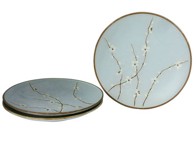 Cherry Blossom On Blue Japanese Dinner Plates Set for Three
