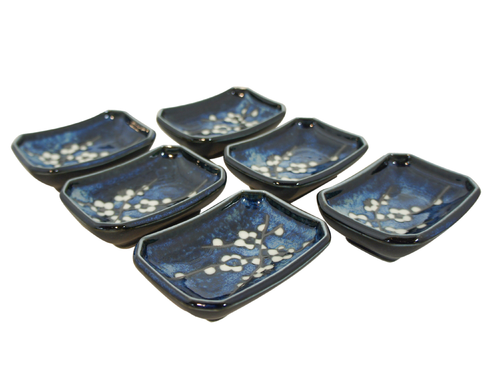 Dark Blue Cherry Blossom Rectangular Soy Sauce Dish Set of Six