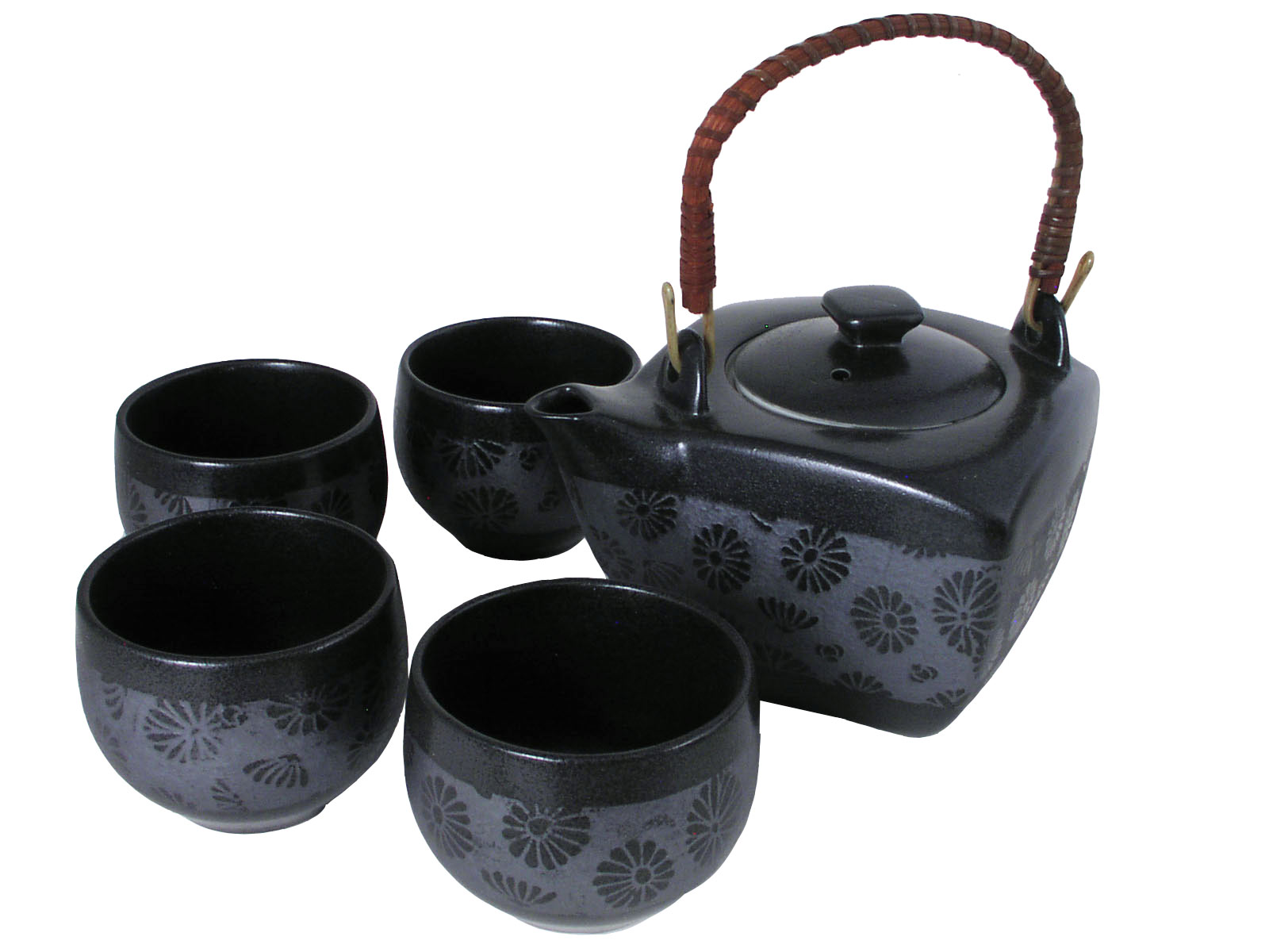 Earthen Alloy Chrysanthemum Metallic Grey and Black Japanese Tea Pot