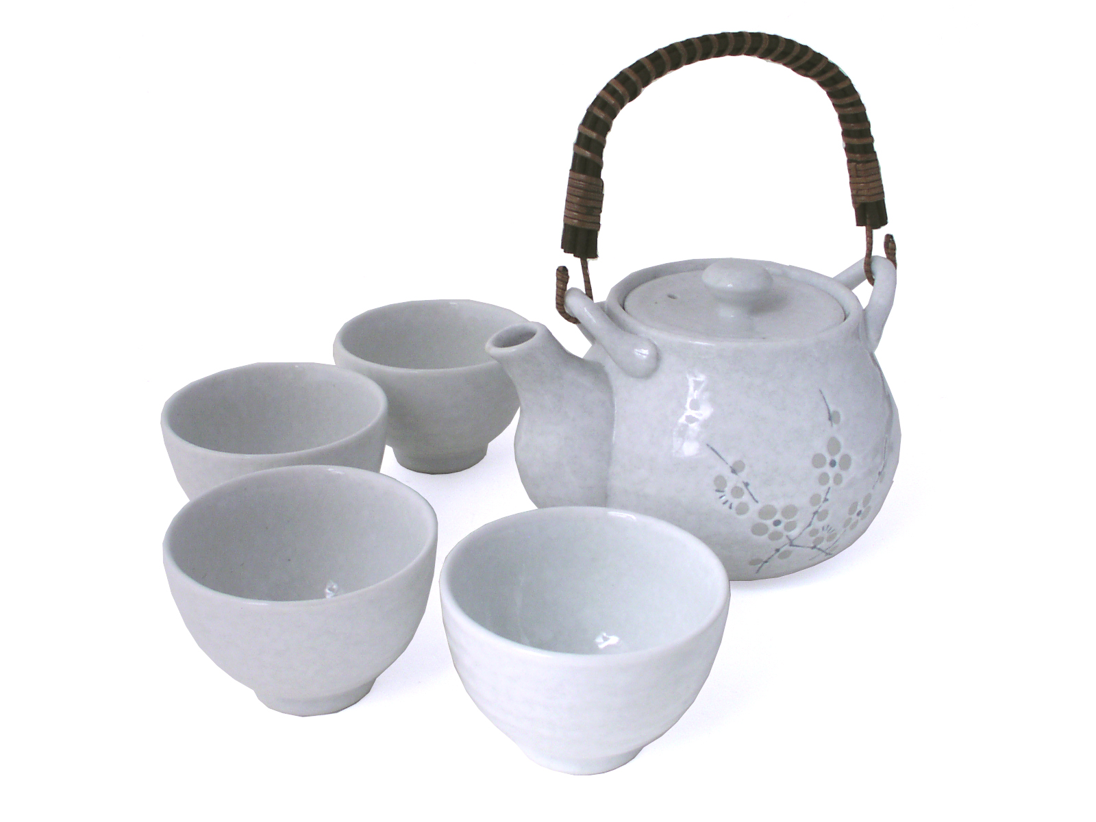 White Porcelain Tea Set with Gray Cherry Blossoms