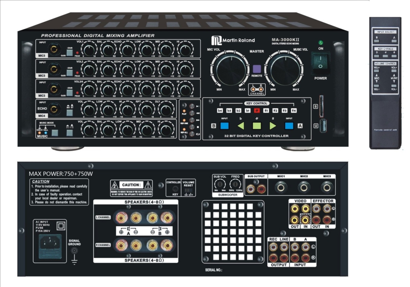 Martin Roland MA-3000KII 750W+750W Karaoke Amplifier with built-in USB