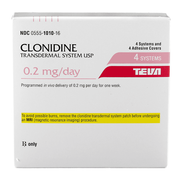 CLONIDINE TRANSDERMAL 0.2 MG<br> 4 Patch/box <br> Brand Name ( CATAPRES TTS 0.2MG ) <br> Teva 00555101016