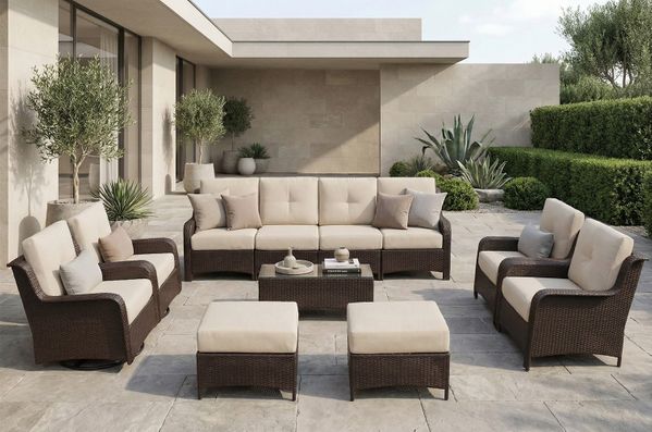 Fully Assembled Ohana 11-Piece Summit Collection Outdoor Patio Wicker Seating Set, Oversized Swivel High-Back Armchairs with 6" RainShield Cushions