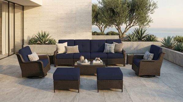 Fully Assembled Ohana 11-Piece Summit Collection Outdoor Patio Wicker Seating Set, Oversized Swivel High-Back Armchairs with 6" RainShield Cushions