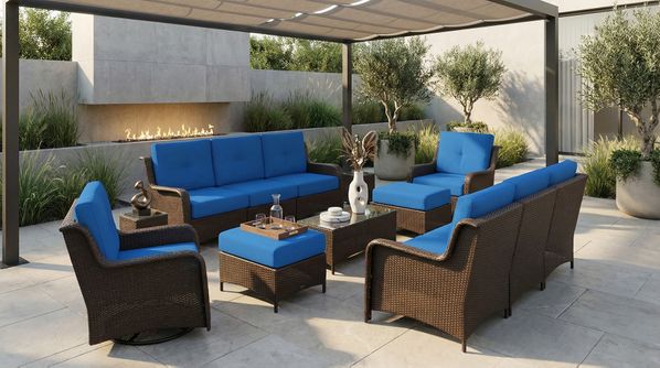 Fully Assembled Ohana 13-Piece Summit Collection Outdoor Patio Wicker Seating Set, Oversized Swivel High-Back Armchairs with 6" RainShield Cushions