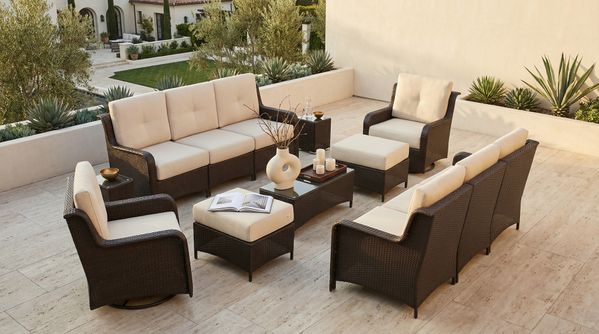 Fully Assembled Ohana 13-Piece Summit Collection Outdoor Patio Wicker Seating Set, Oversized Swivel High-Back Armchairs with 6" RainShield Cushions