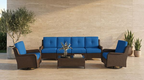 Fully Assembled Ohana 7-Piece Summit Collection Outdoor Patio Wicker Seating Set, Oversized Swivel High-Back Armchairs with 6" RainShield Cushions