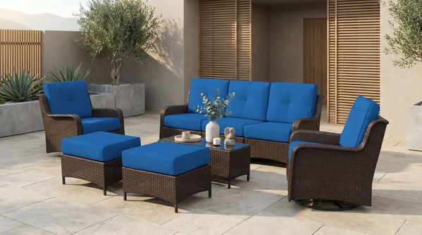 Fully Assembled Ohana 8-Piece Summit Collection Outdoor Patio Wicker Seating Set, Oversized Swivel Glide High-Back Club Chairs with 6" RainShield Cushions