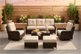 Fully Assembled Ohana 8-Piece Summit Collection Outdoor Patio Wicker Seating Set, Oversized Swivel Glide High-Back Club Chairs with 6" RainShield Cushions