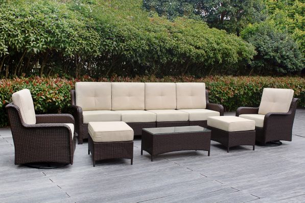 Fully Assembled Ohana 9-Piece Summit Collection Outdoor Patio Wicker Seating Set, Oversized Swivel High-Back Armchairs with 6" RainShield Cushions