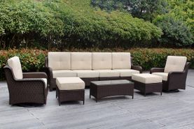 Fully Assembled Ohana 9-Piece Summit Collection Outdoor Patio Wicker Seating Set, Oversized Swivel High-Back Armchairs with 6" RainShield Cushions