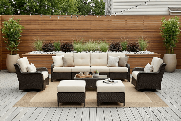 Fully Assembled Ohana 9-Piece Summit Collection Outdoor Patio Wicker Seating Set, Oversized Swivel High-Back Armchairs with 6" RainShield Cushions