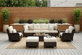 Fully Assembled Ohana 9-Piece Summit Collection Outdoor Patio Wicker Seating Set, Oversized Swivel High-Back Armchairs with 6" RainShield Cushions