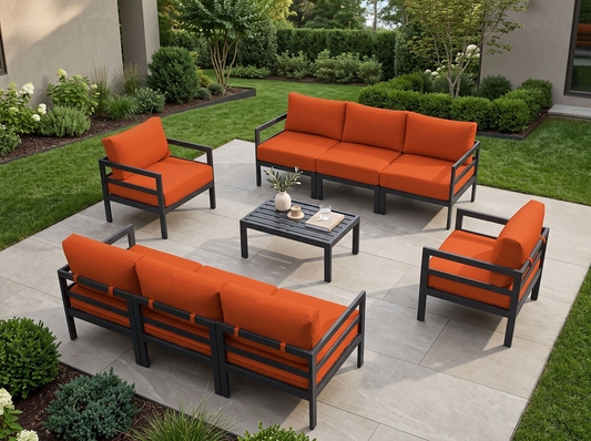 Fully Assembled Ohana Depot 9 Piece Outdoor Patio Aluminum Furniture Set with 6-inch Rainshield Cushions