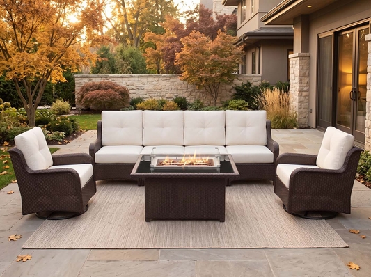 Fully Assembled Ohana Summit 7-Piece Outdoor Wicker Furniture Set, Swivel Rocking Club Chairs with 6-Inch RainShield Cushions and 42-Inch Gas Fire Pit Table