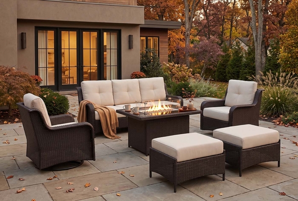 Fully Assembled Ohana Summit 8-Piece Outdoor Wicker Furniture Set, Swivel Rocking Club Chairs with 6-Inch RainShield Cushions and 42-Inch Gas Fire Pit Table