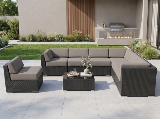 Fully Assembled Rainshield Patio Furniture 8 Piece L-Shape Sectional with 6 inch Water Protection Cushions