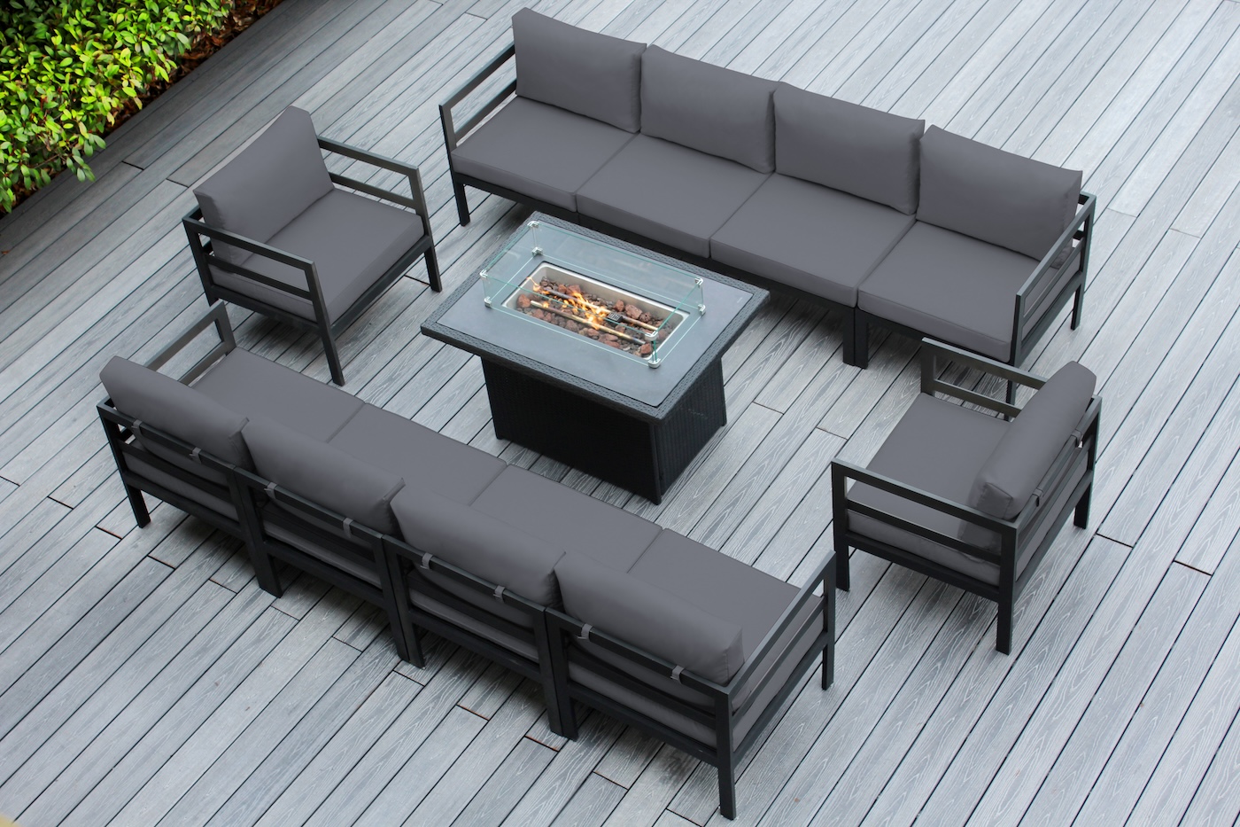 Ohana Depot 11 Piece Fully Assembled Aluminum Outdoor Patio Sectional Club Chair Set with Fire Table
