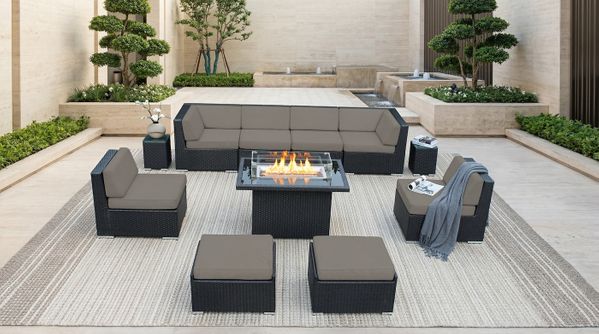 Ohana Depot Outdoor Patio Wicker Furniture 11-Piece Conversation Set With Matching Fire table