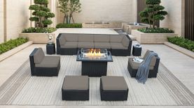 Ohana Depot Outdoor Patio Wicker Furniture 11-Piece Conversation Set With Matching Fire table