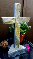 Large Standing Cross- Green Gray Schist on Stone Base 