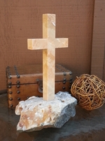 Peach Marble Standing Cross on Gold, White and Gray Rock