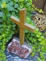  Small Golden Limestone Standing Cross on  Amethyst Stone Base