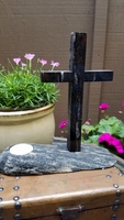 Standing Black Granite Cross on Rock With Candleholder Standing Black Granite Cross on Rock With Candleholder