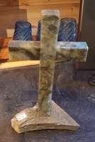 Standing Cross - Labradorite Peacock On Gray and Brown Stone Standing Cross - Labradorite Peacock On Gray and Brown Stone