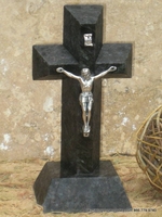 Standing Granite Cross- Black Angled Cut- Silver Crucifix