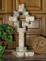 Standing Granite Cross for Tabletop - Tan with Sea Green