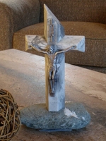 Standing Gray  and White Marble Crucifix - Set on  Stone