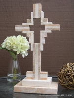Standing Marble  Cross for Tabletop  - Ivory/ Peach Double Hollow 