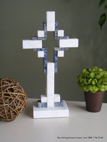 Standing Marble Cross for Tabletop - White with Blue, Hollow 